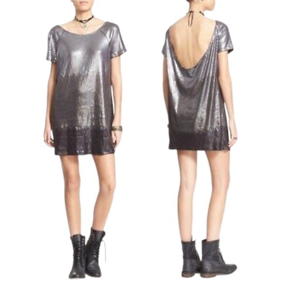 Free People Drenched In Sequins Dress Silver Gunmetal Metallic Combo Size Large - Picture 14 of 14